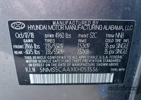 2019 Hyundai Santa Fe Limited z USA, uszkodzony, nr VIN 5NMS5CAAXKH053536